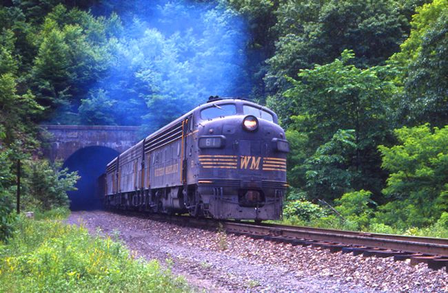 WM #61-#406 & #65 on BT-1 (63 cars) through Brush Tunnel 3 � miles east of Lap, Md. 6/14/75.
